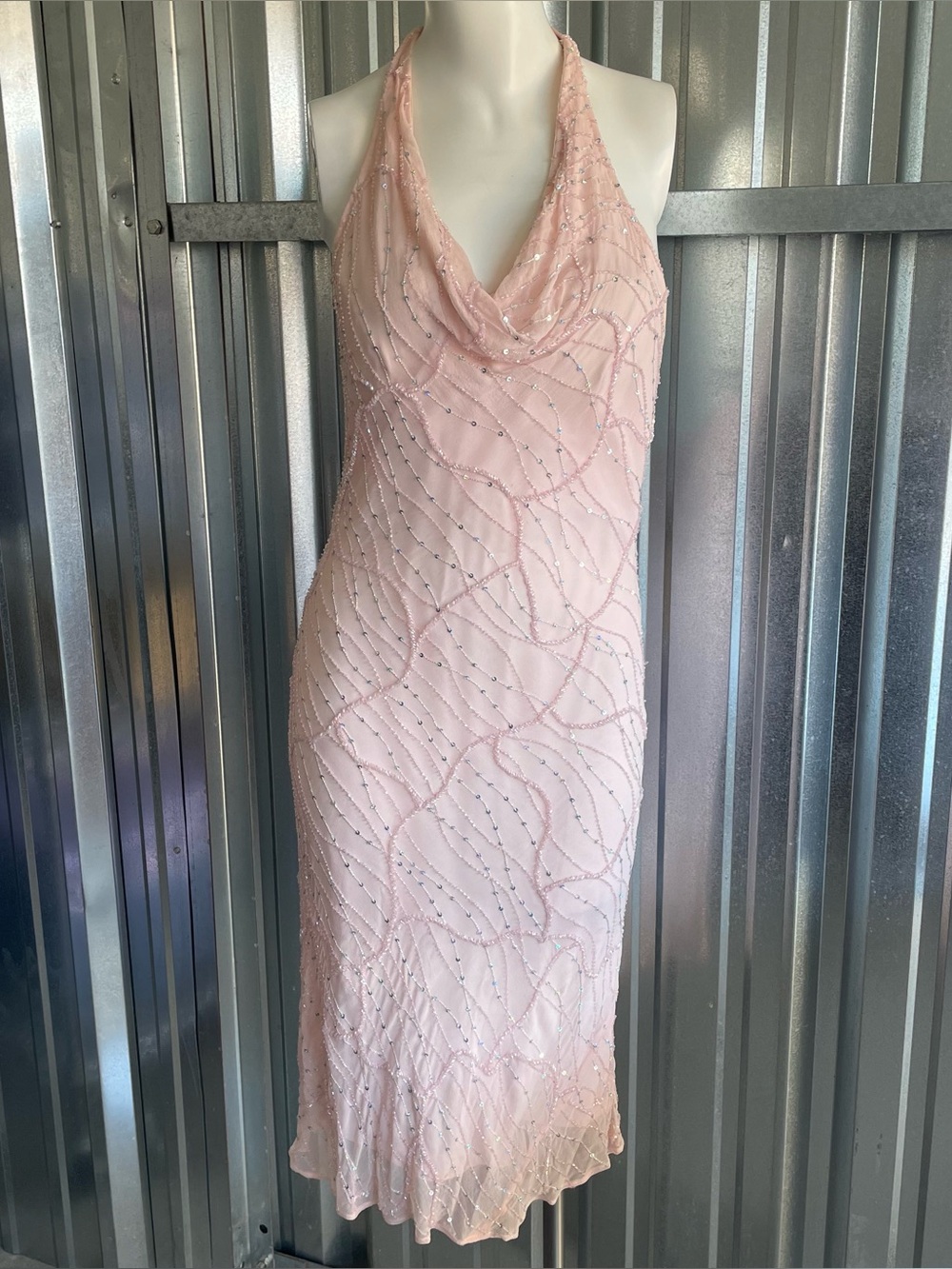 Y2K Pink Beaded Halter Dress Low Back Cowl Neck Formal Dress